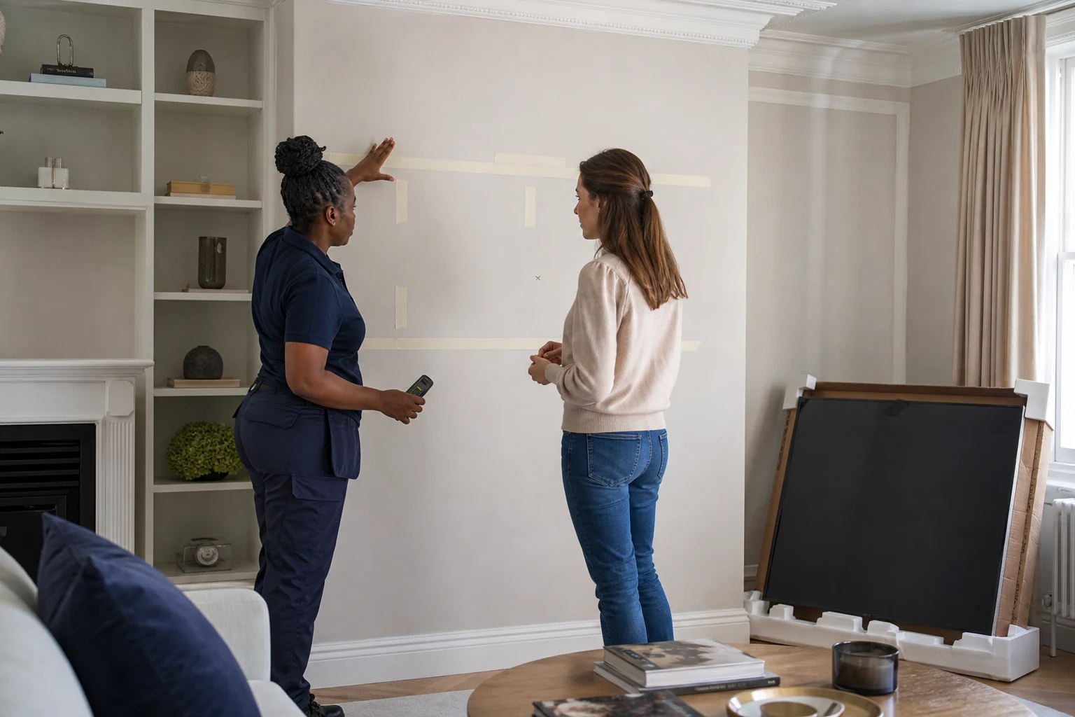 TV mounting professional confirming screen height with a homeowner