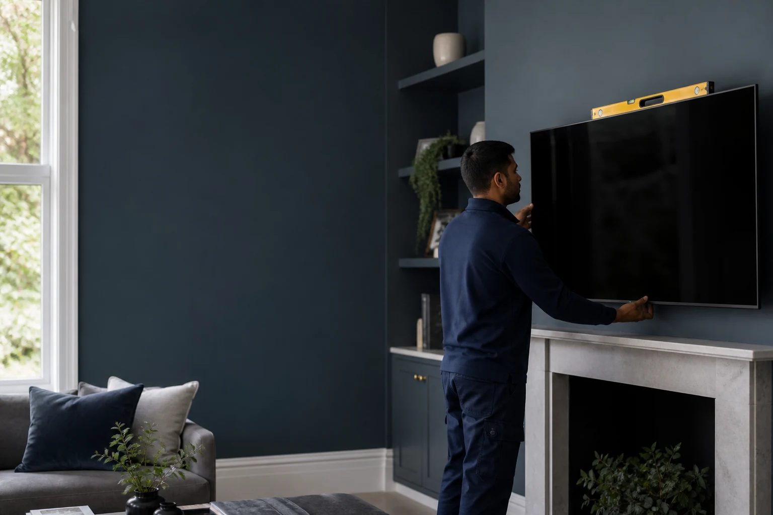 Installer mounting a television on a London living room wall