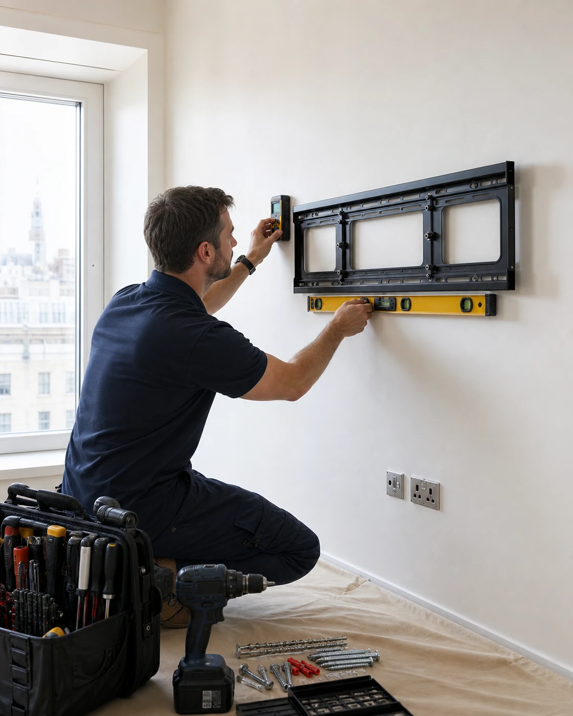 Installer checking a wall bracket level and secure fixings before fitting a television