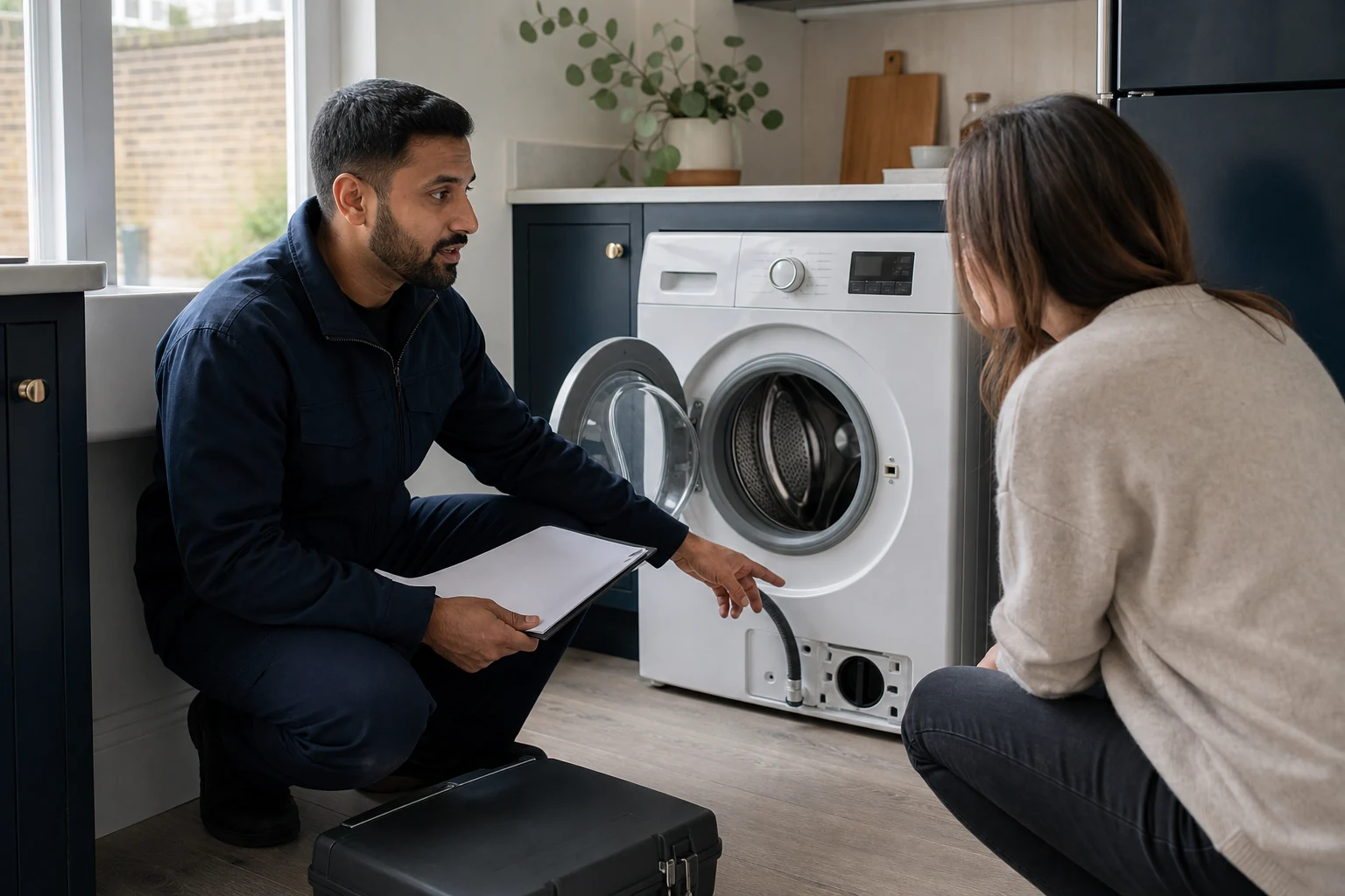 Appliance specialist reviewing a washer dryer error code with a homeowner