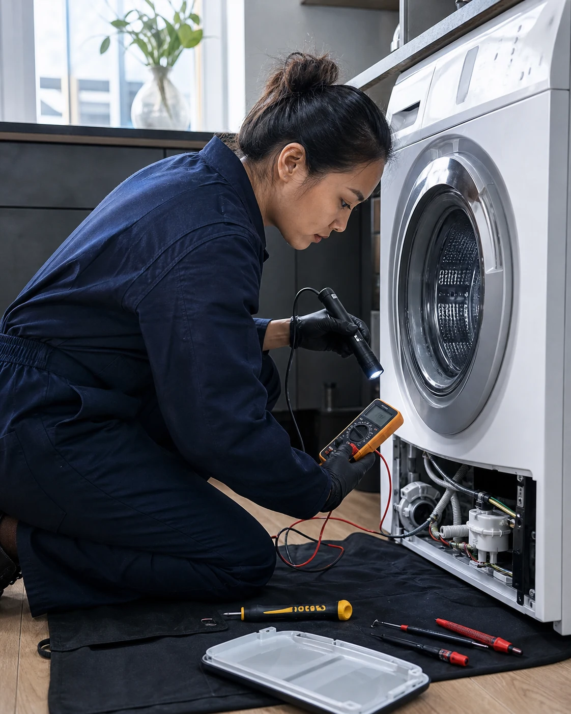 Engineer testing an accessible washing machine pump and electrical connections