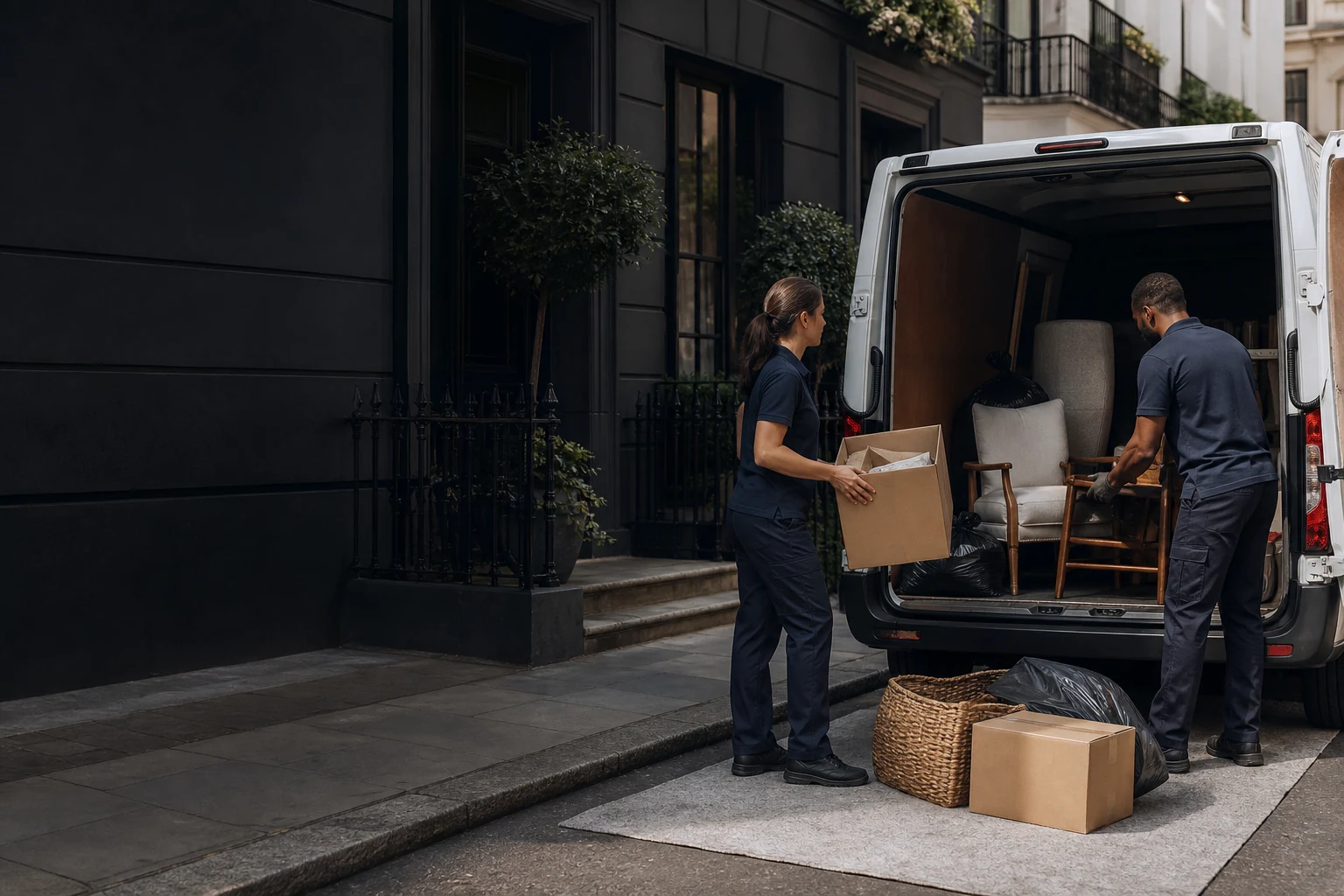 Waste removal team loading sorted household items outside a London home