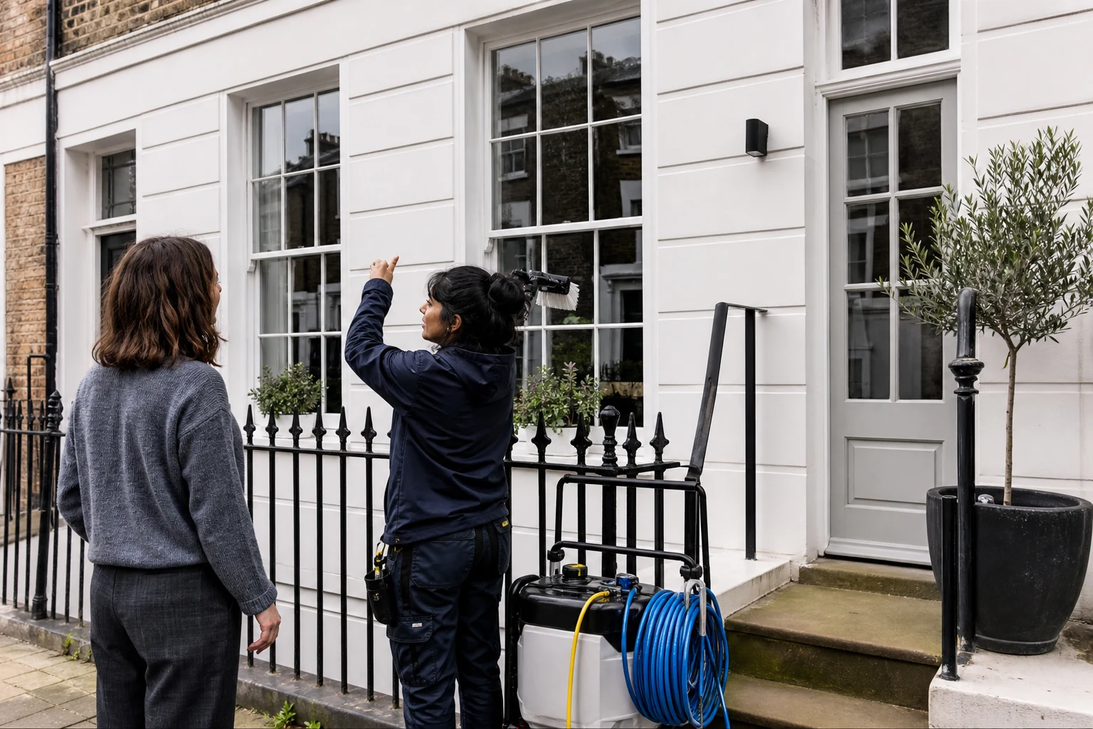 Cleaning professional reviewing upper-floor window access with a homeowner