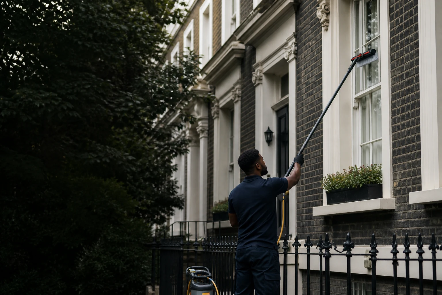 Window cleaner using a water-fed pole at a London townhouse