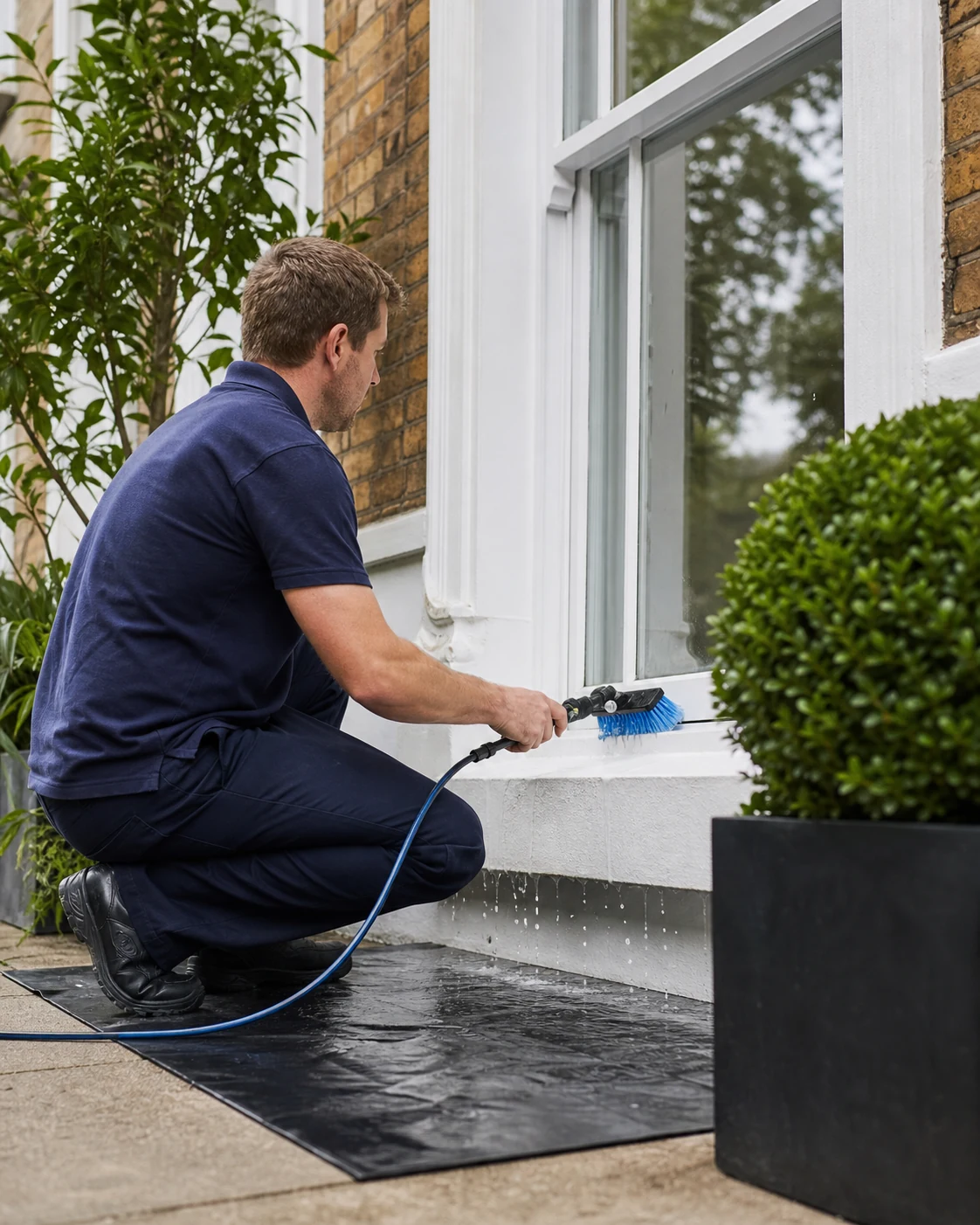 Window cleaner detailing interior glass edges and frames with protected flooring