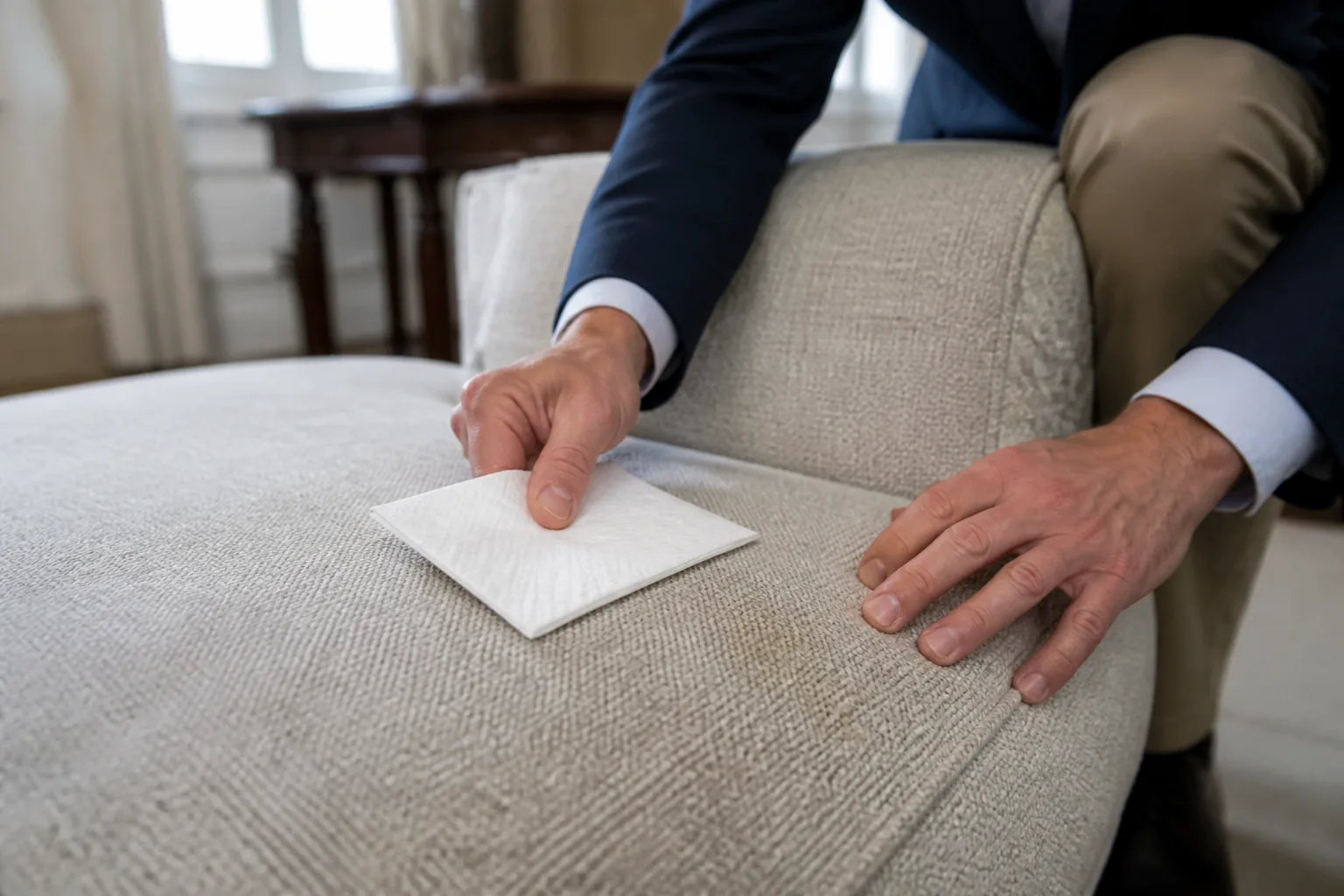 Technician assessing marks on a sofa before cleaning in Ruislip