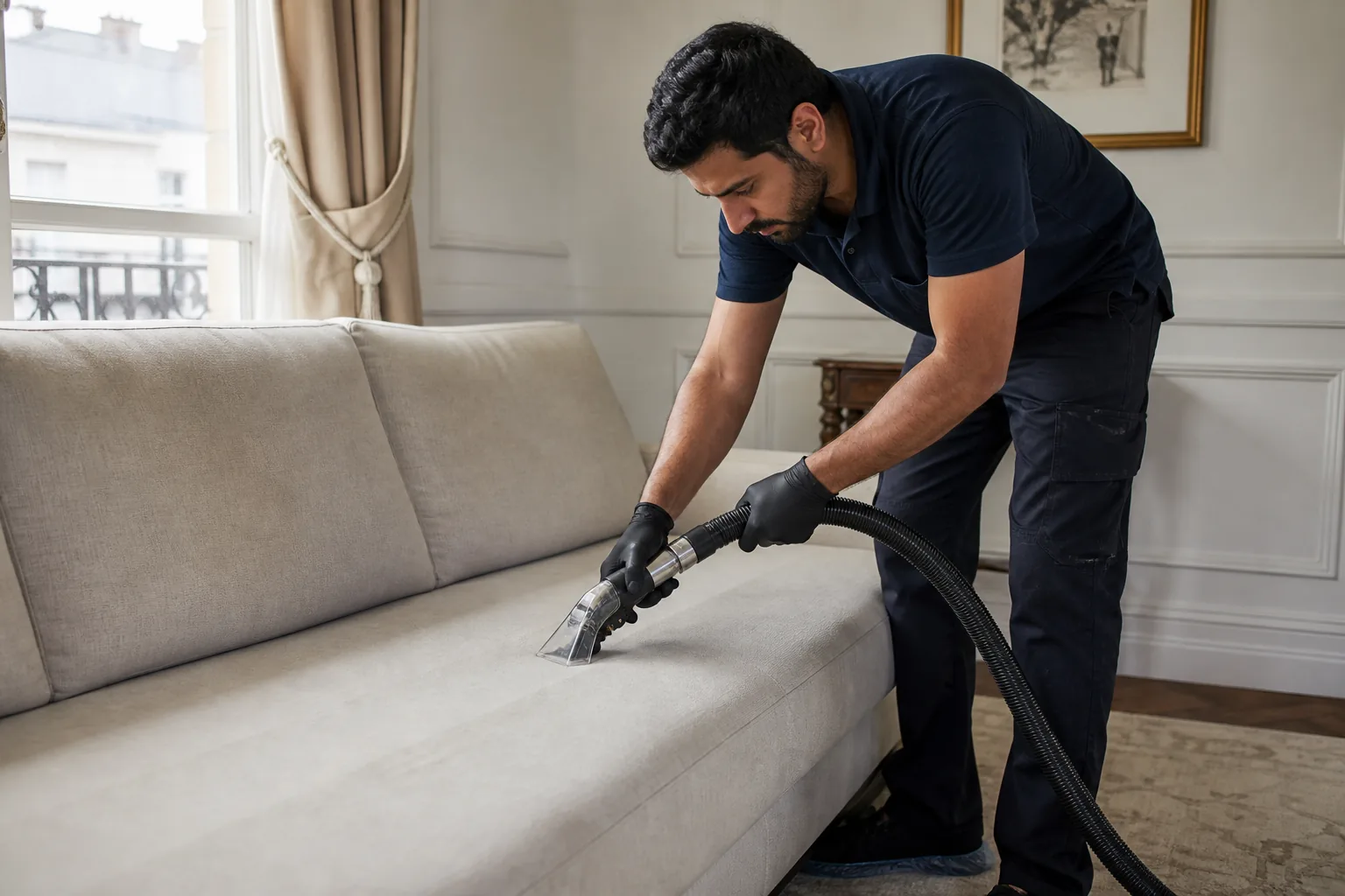 Technician carrying out controlled upholstery cleaning