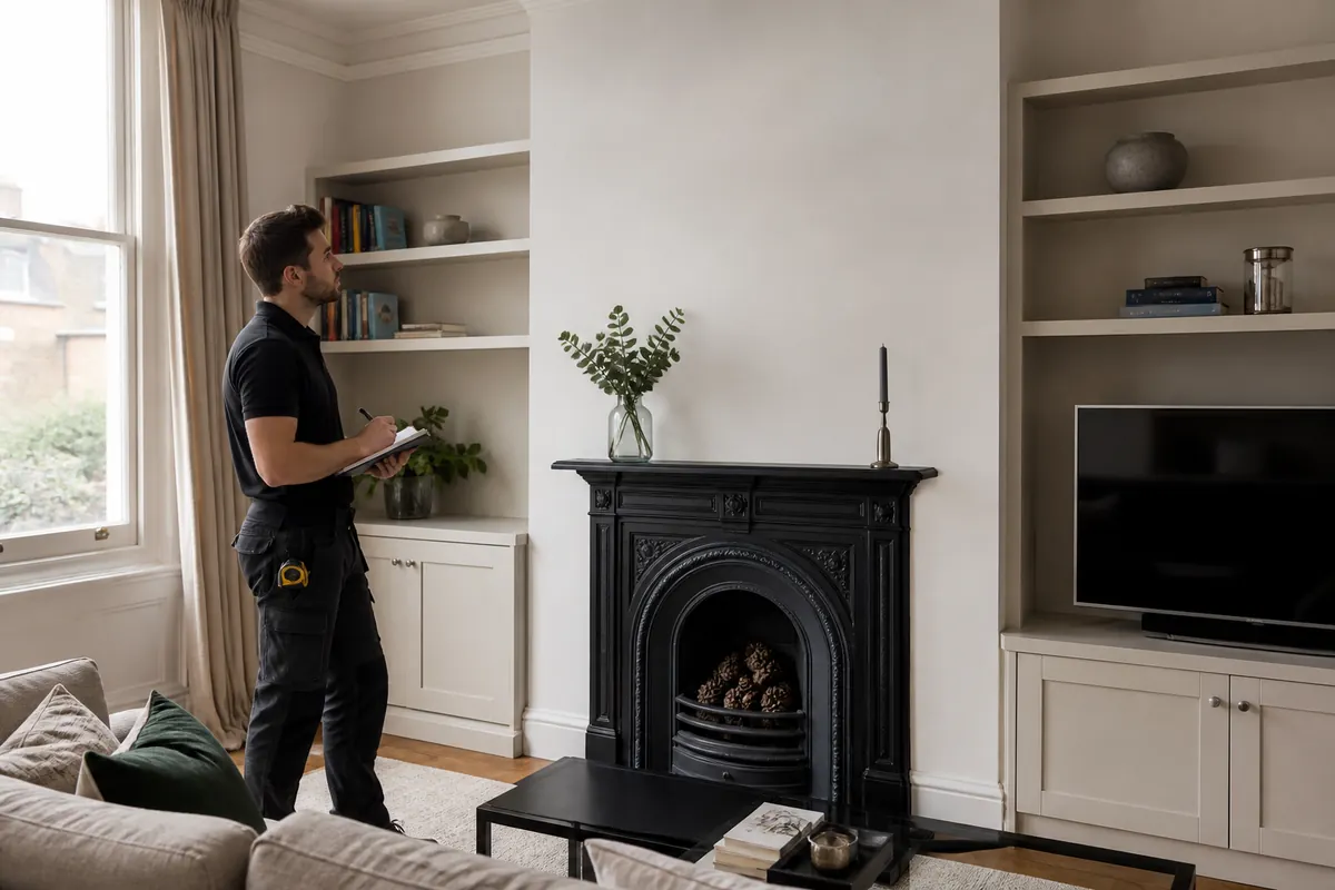 Installer assessing an empty chimney breast, with a television on a separate stand