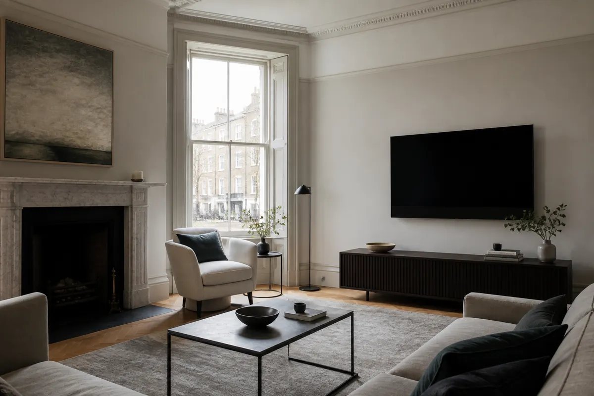 Illustrative period living room with a television positioned away from the fireplace