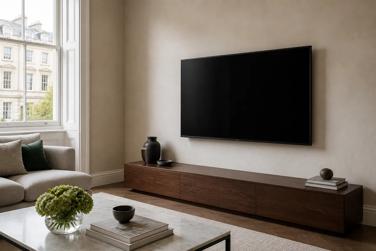 Wall-mounted television above a walnut console in an illustrative London apartment