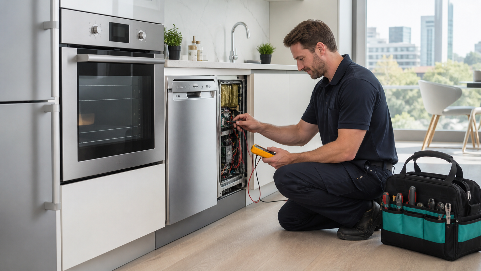 Appliance repair technician diagnosing a modern appliance in Mortlake