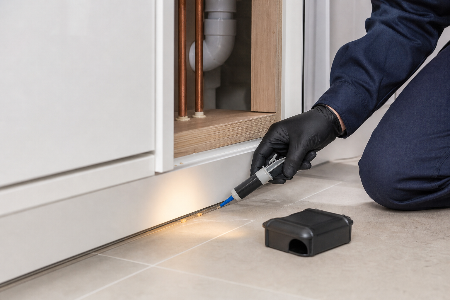 Technician applying targeted cockroach gel treatment in a kitchen