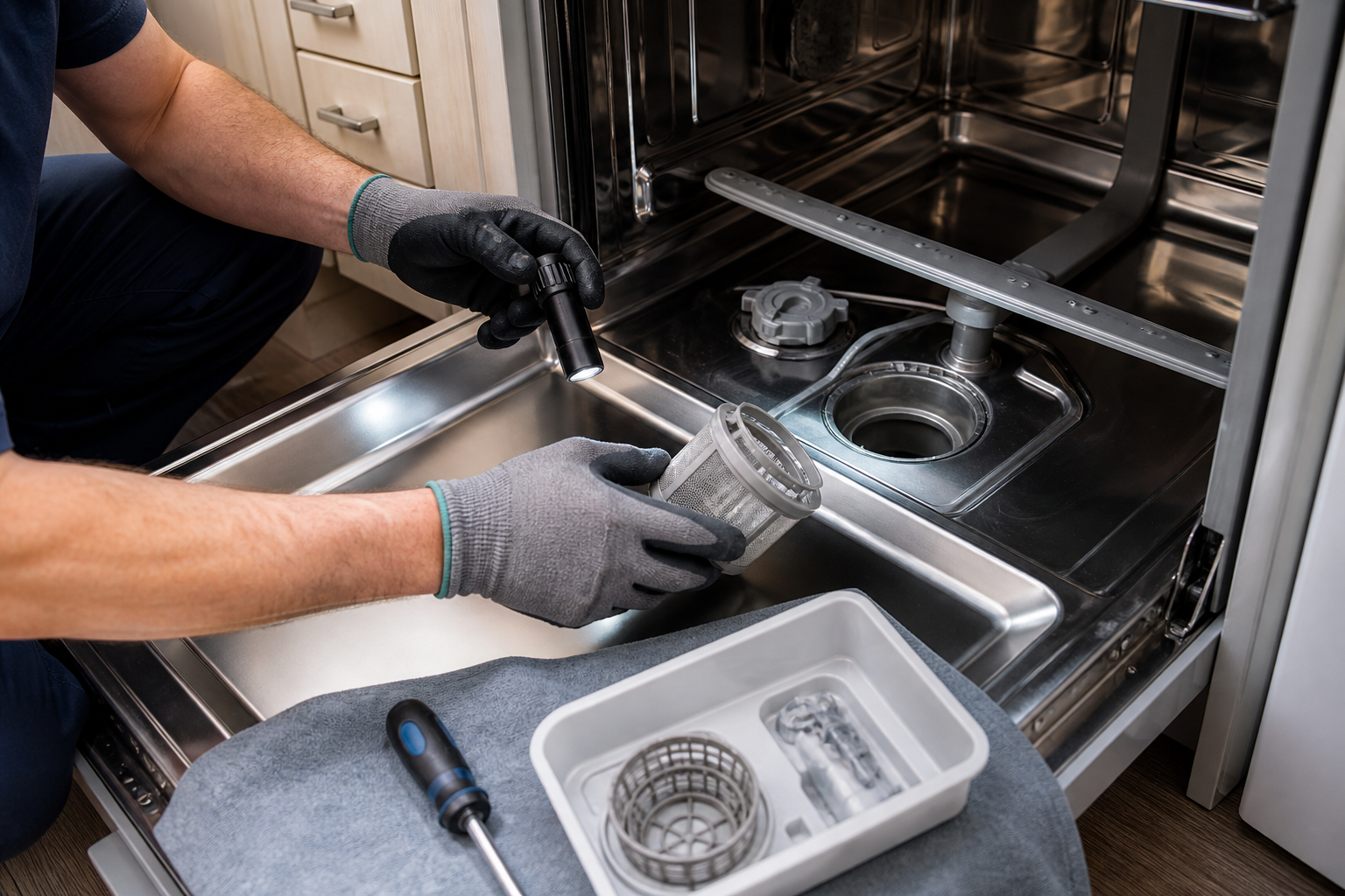 Dishwasher filter and sump inspection