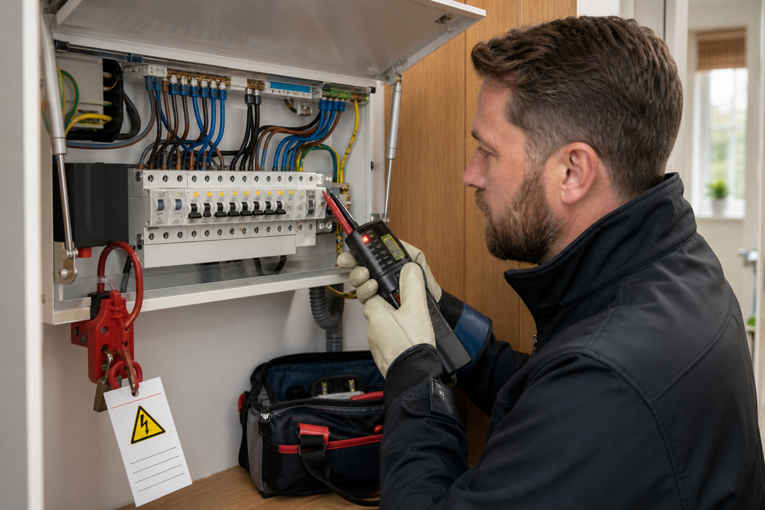 Electrician testing a domestic consumer unit in Bayswater