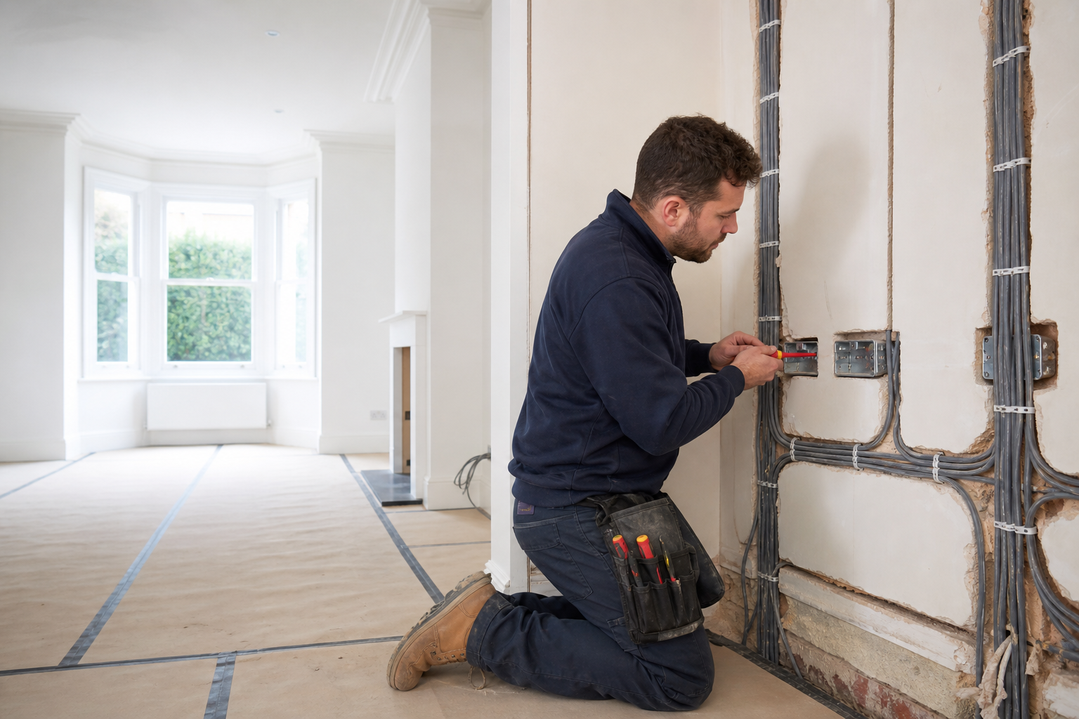 Electrician installing new domestic wiring in New Southgate