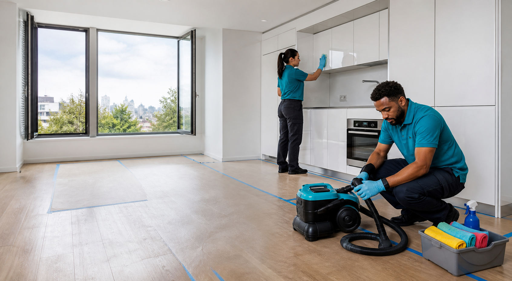 End of tenancy cleaning team in an empty Addlestone rental property