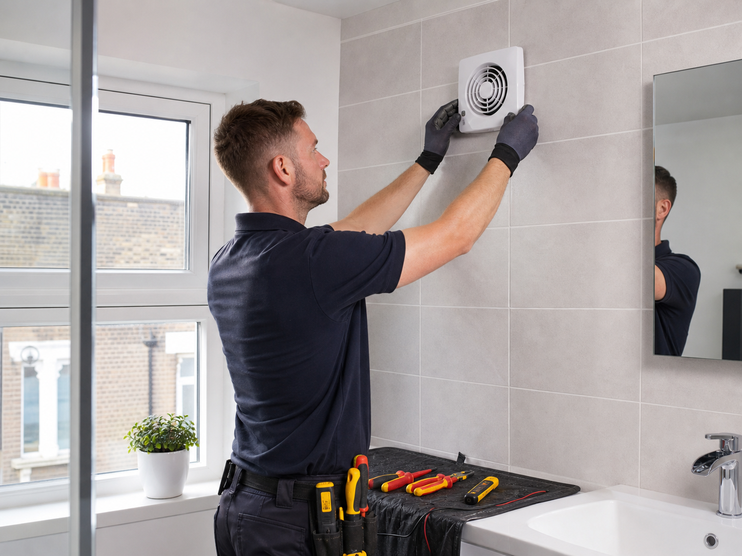 Electrician replacing a bathroom extractor fan in Dagenham