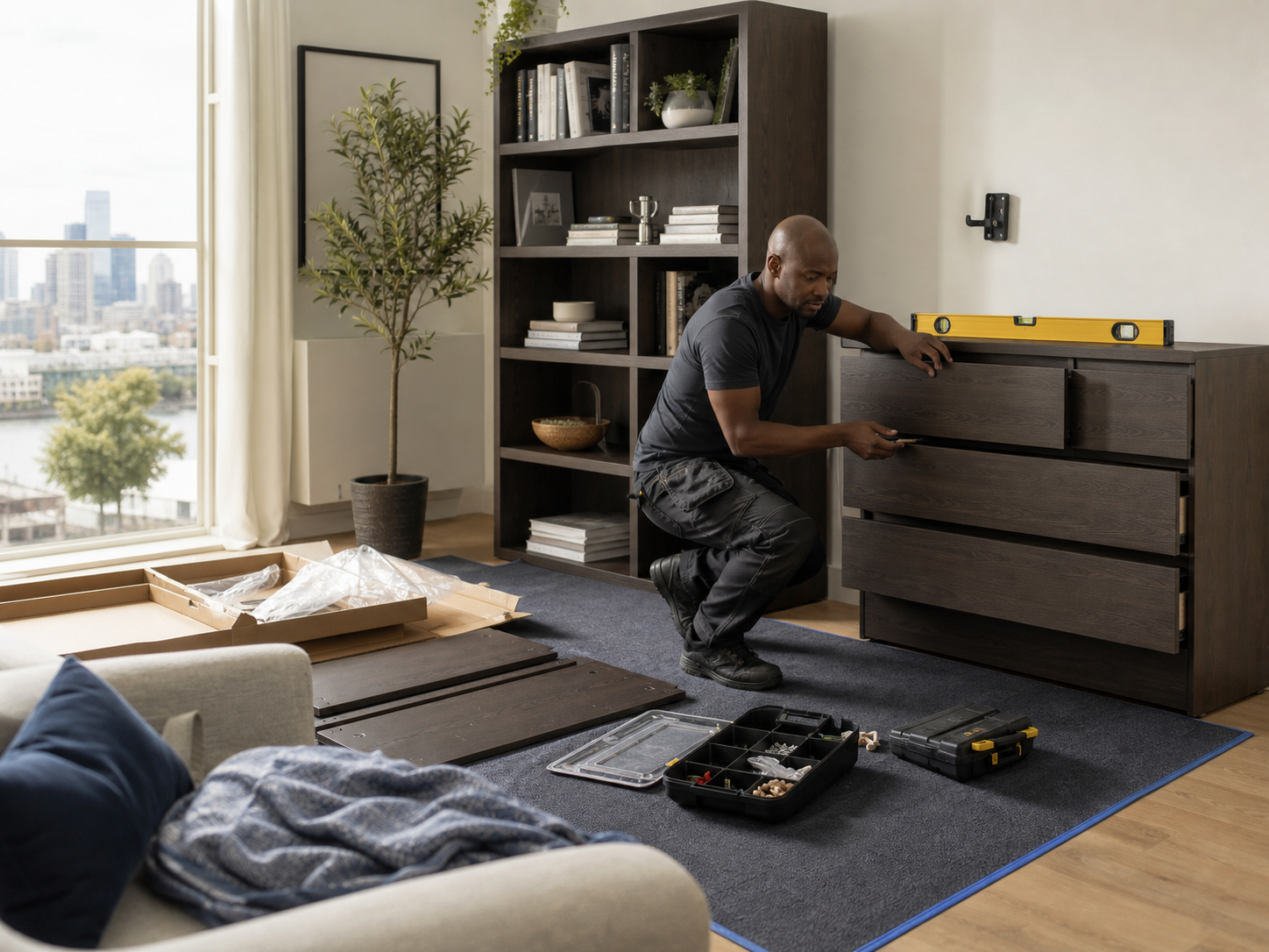 Furniture alignment and wall restraint check in Fulham
