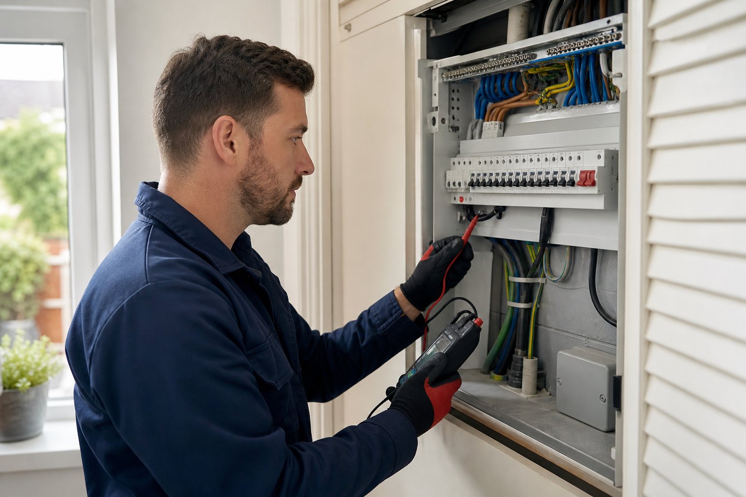 Electrician inspecting a consumer unit in Highgate
