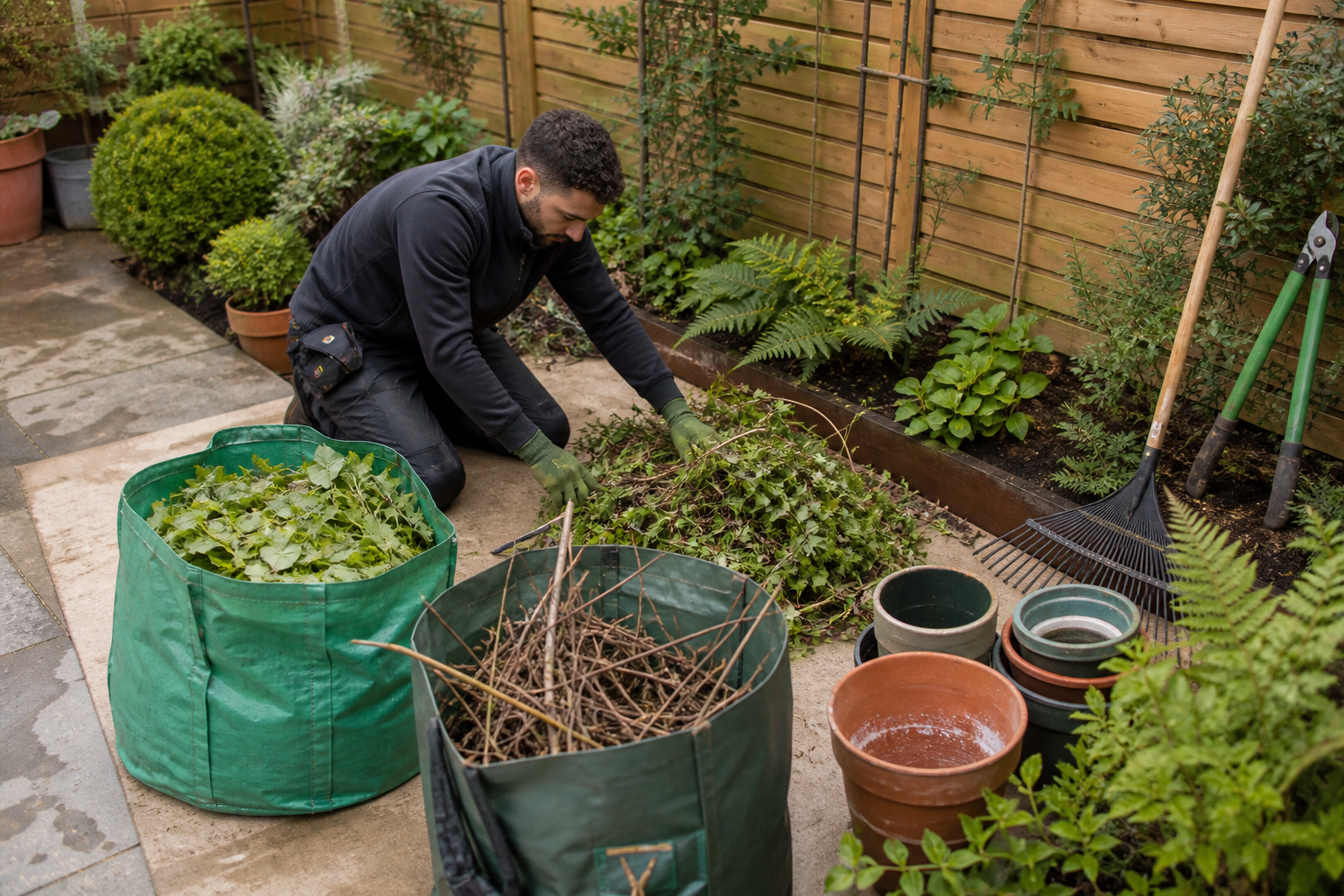 Garden waste being sorted during clearance in Brentford
