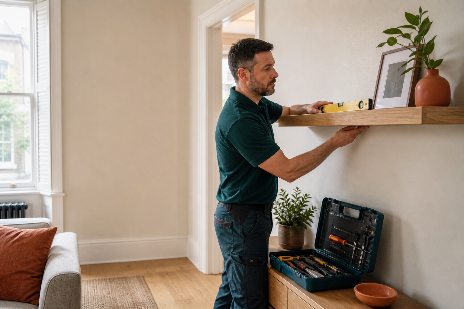 Handyman fitting a shelf carefully in Denmark Hill