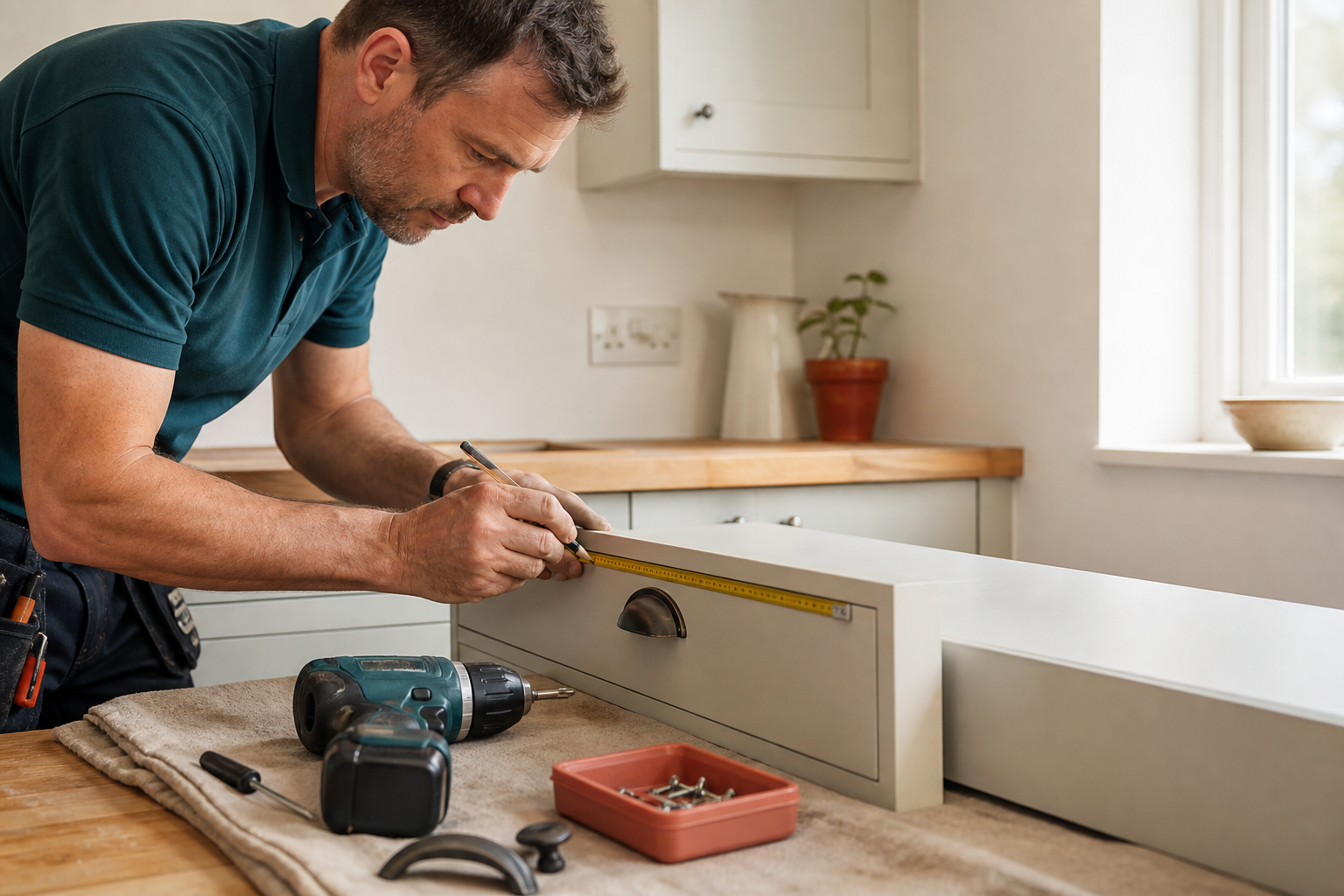 Handyman measuring cabinet hardware in Denmark Hill