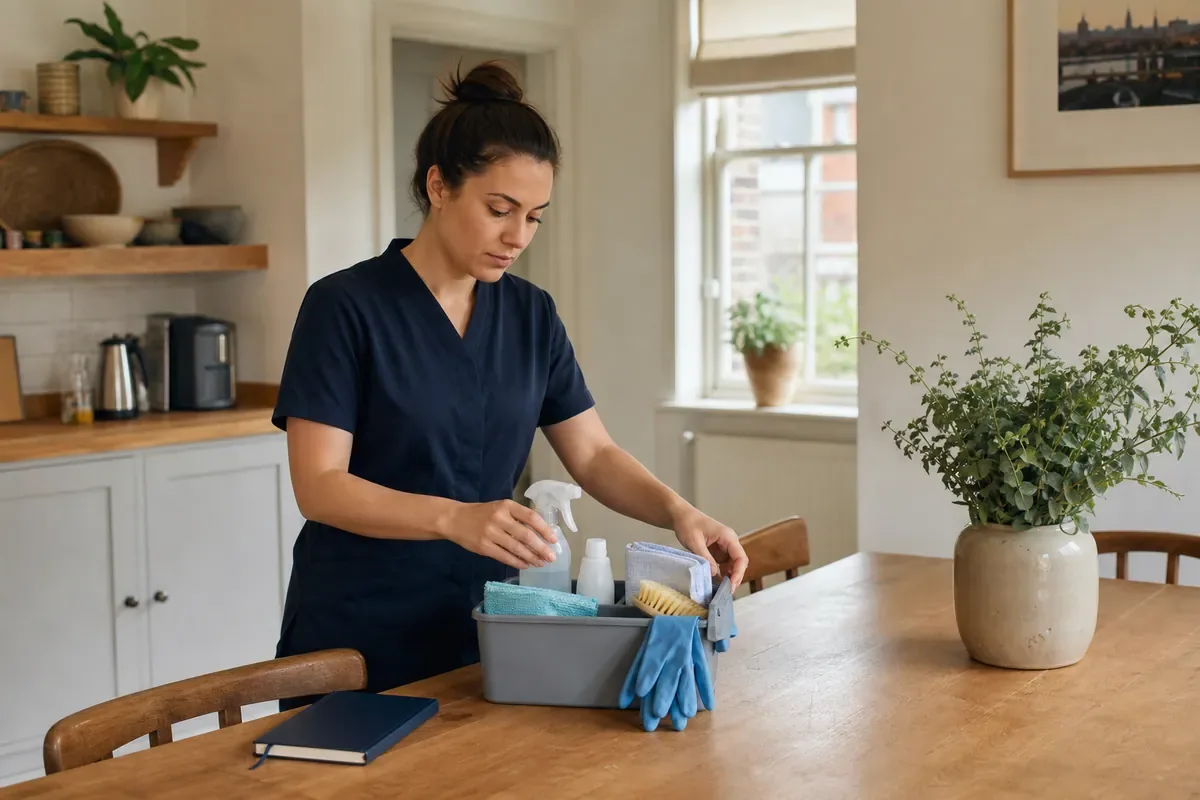 Homeowner and cleaner planning a domestic cleaning routine