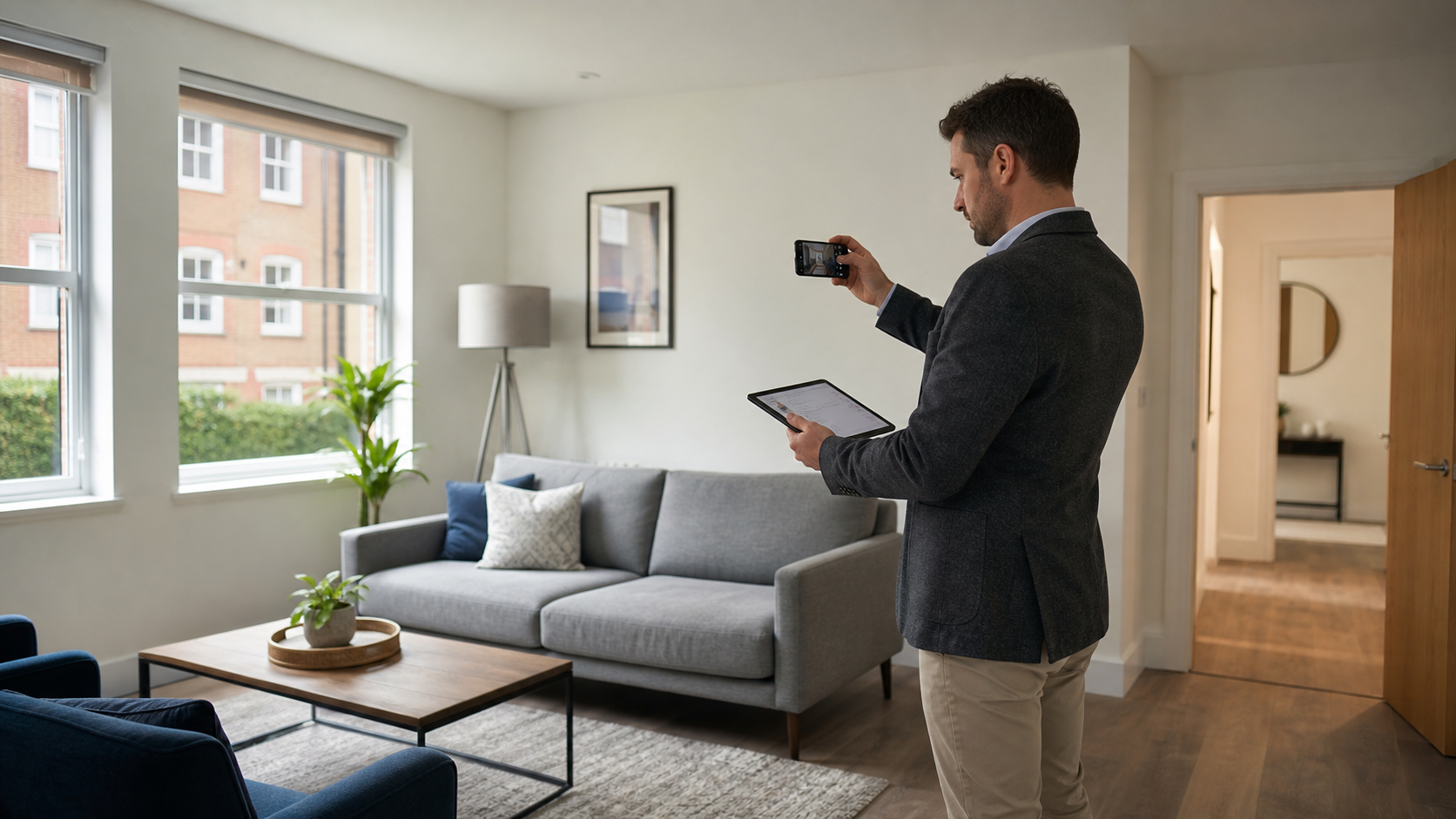 Inventory clerk photographing a rental property