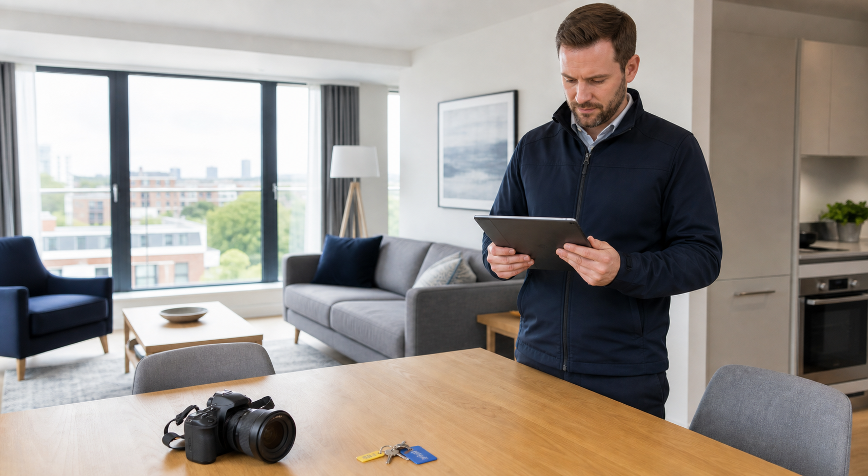Property inspector preparing an inventory report