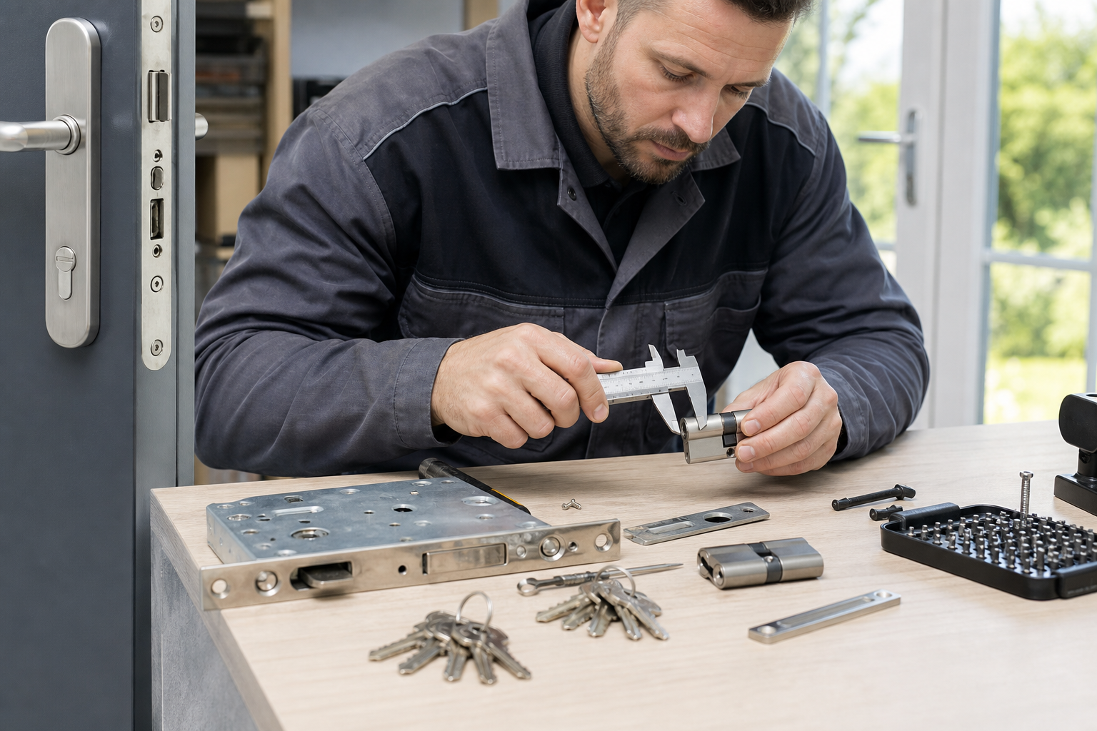 Professional locksmith testing replacement door hardware
