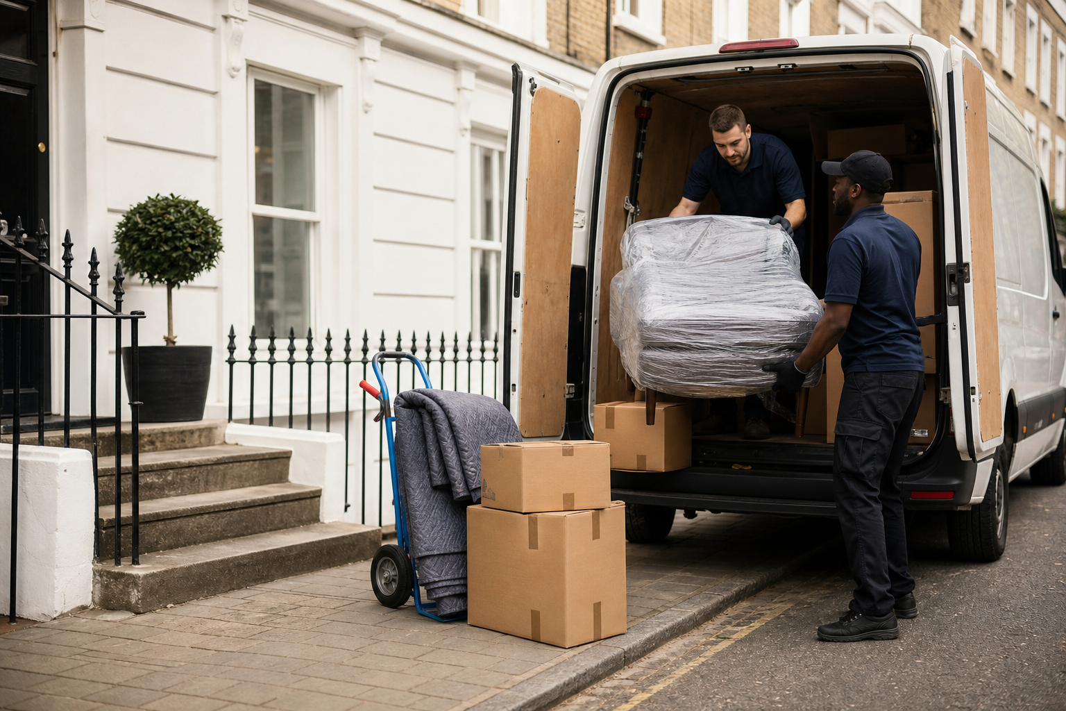 Professional movers protecting furniture during a home move
