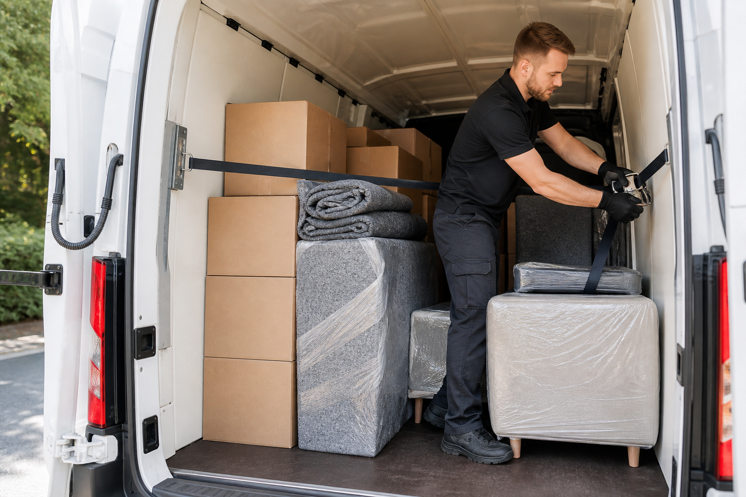 Carefully labelled boxes inside a professional man and van van