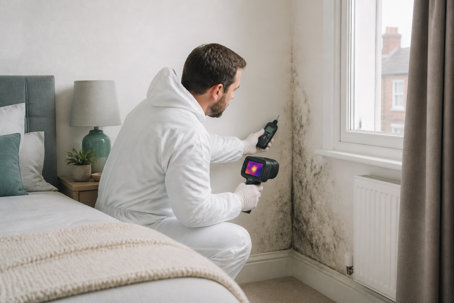 Mould technician inspecting a wall with a moisture meter