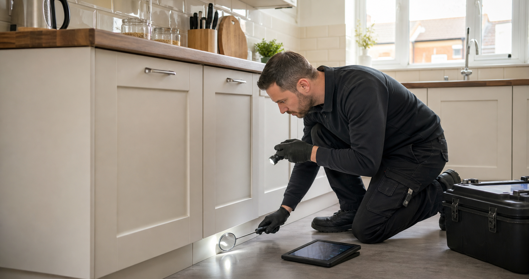 Pest control technician inspecting a UK property