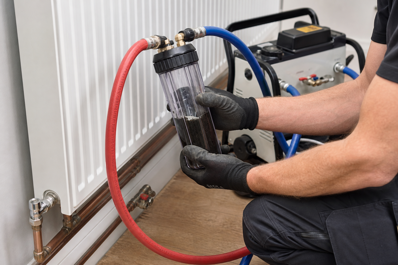 Magnetic sludge collection during a central heating power flush in Carshalton