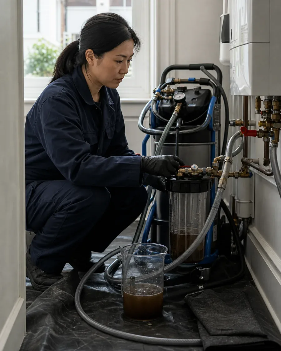 Heating engineer checking circulation through a radiator