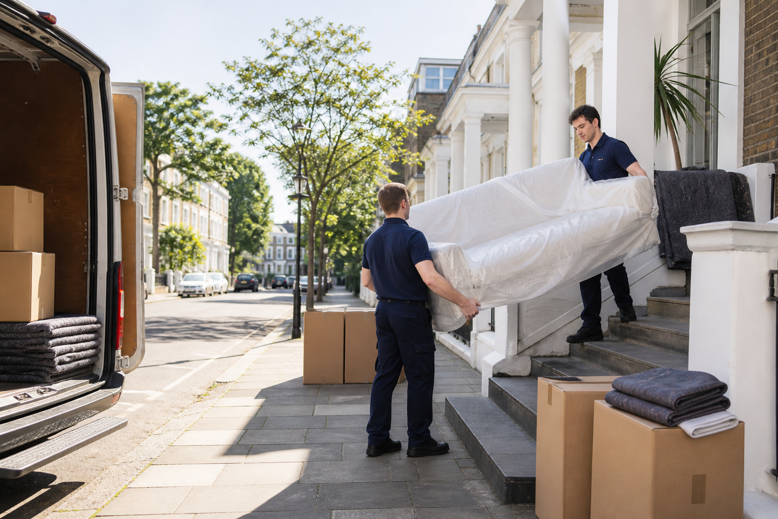 Professional movers protecting furniture during a home move