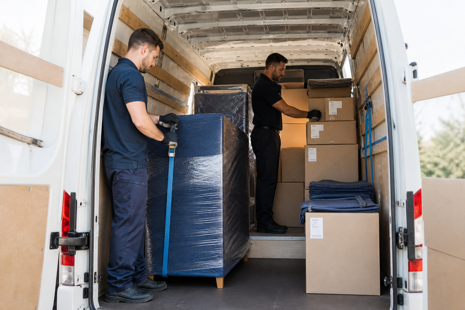 Carefully labelled boxes inside a professional removals van