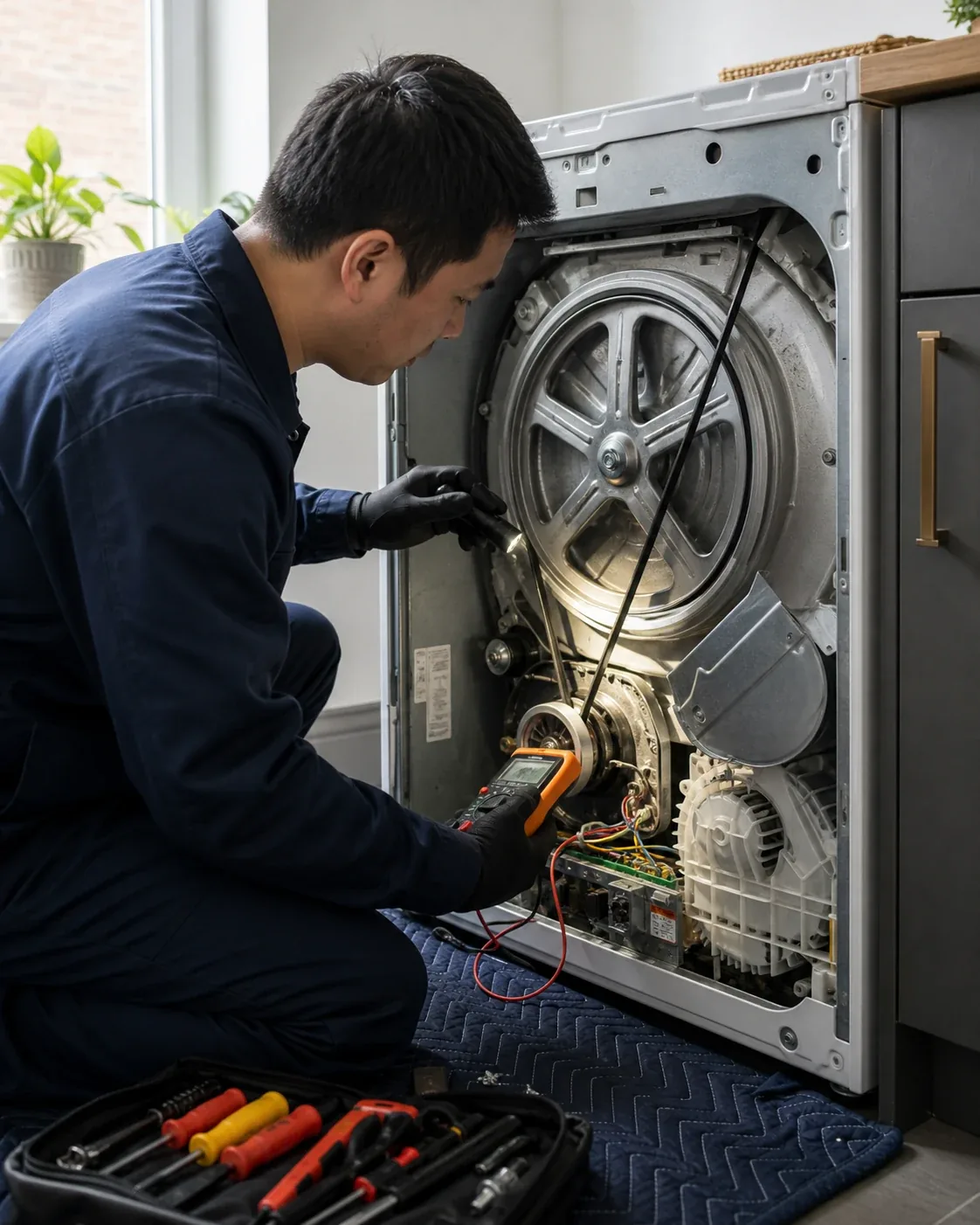 Technician checking tumble dryer airflow and filter housing