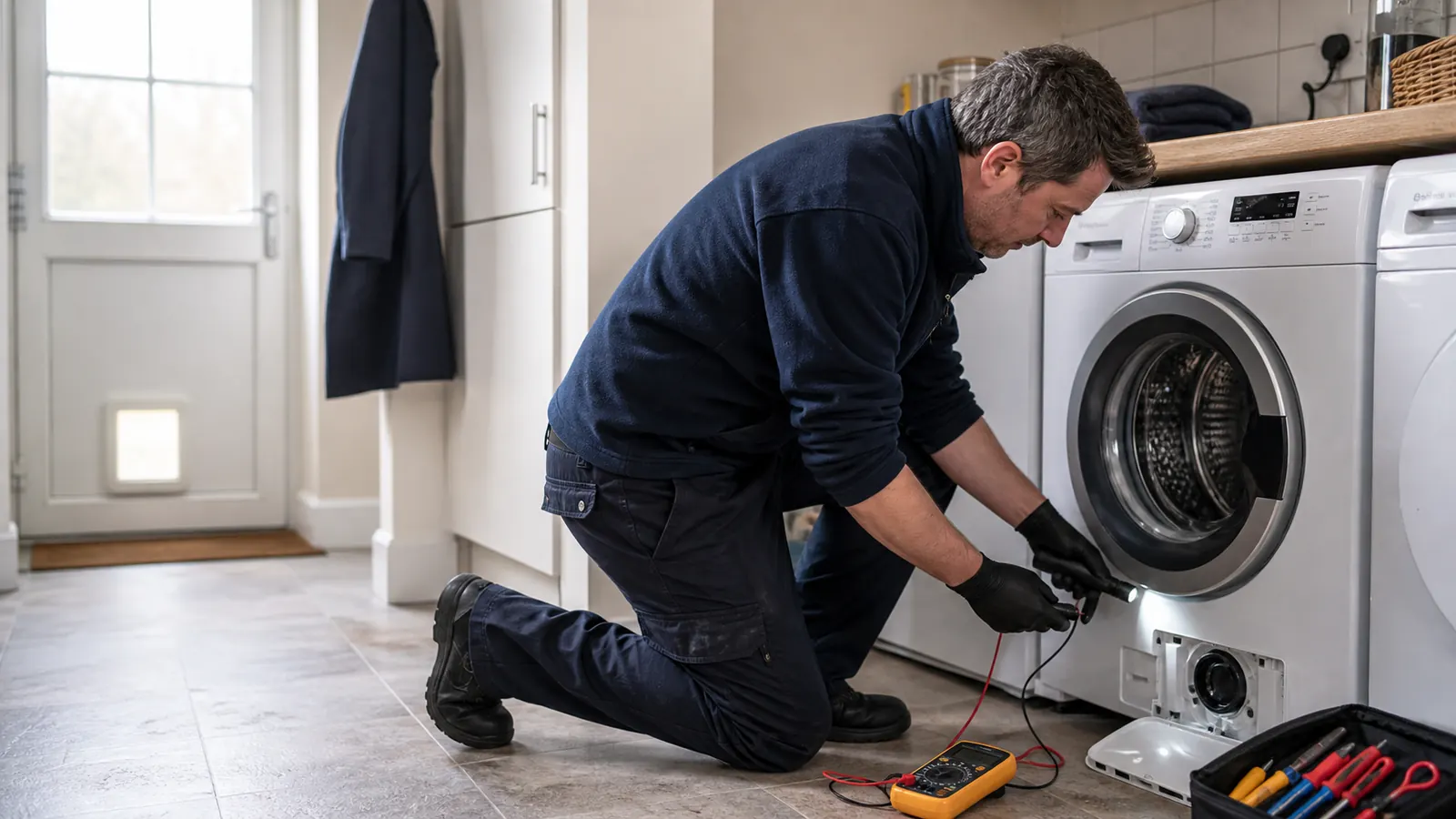 Engineer diagnosing a washing machine or washer dryer in Fulham