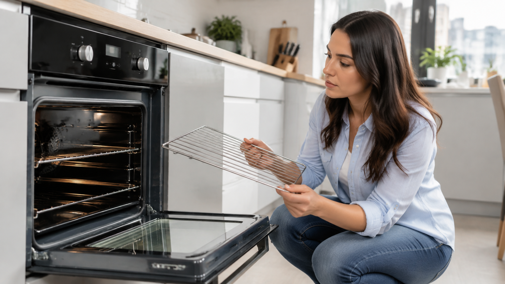 Homeowner inspecting oven racks and interior before cleaning