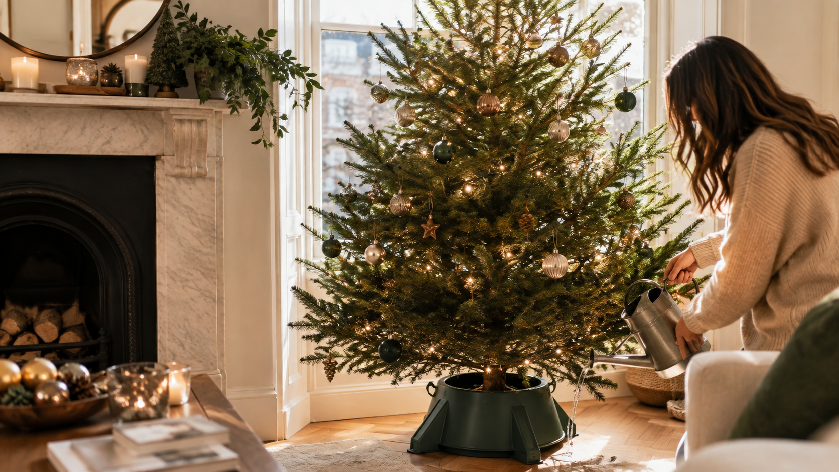 Fresh real Christmas tree standing in a water-holding base