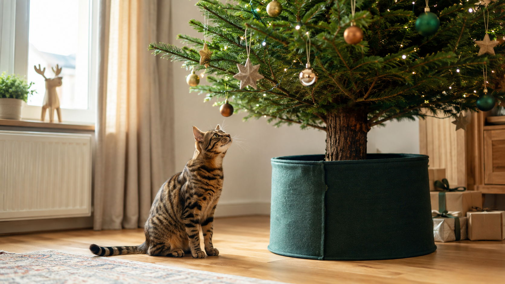Curious cat beside a securely anchored Christmas tree