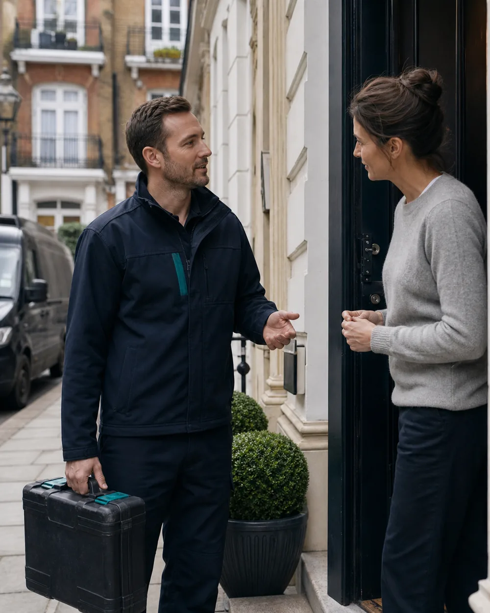 A home service professional speaking with a homeowner at a London townhouse